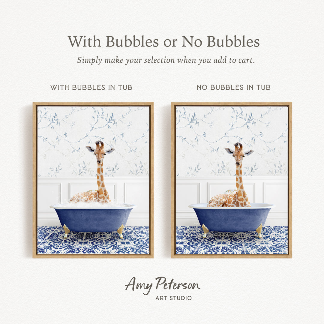 The image is a collage of two framed pictures, each depicting a giraffe in a bathtub. The text above the images reads "With Bubbles or No Bubbles" and below the images, it says "Simply make your selection when you add to cart."