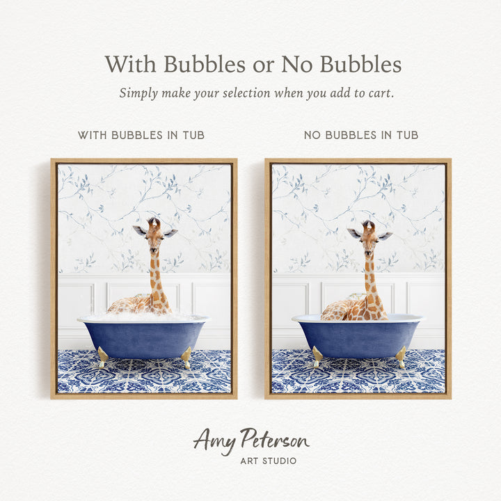 The image is a collage of two framed pictures, each depicting a giraffe in a bathtub. The text above the images reads "With Bubbles or No Bubbles" and below the images, it says "Simply make your selection when you add to cart."
