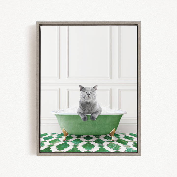 A gray cat sitting in a green bathtub filled with bubbles, with a white wall and green patterned floor in the background.