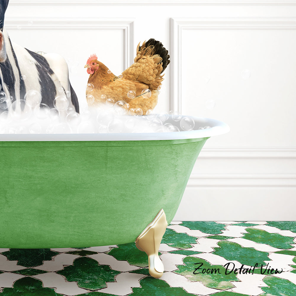 A green clawfoot bathtub filled with bubbles, with a chicken standing inside and a zebra standing next to it.