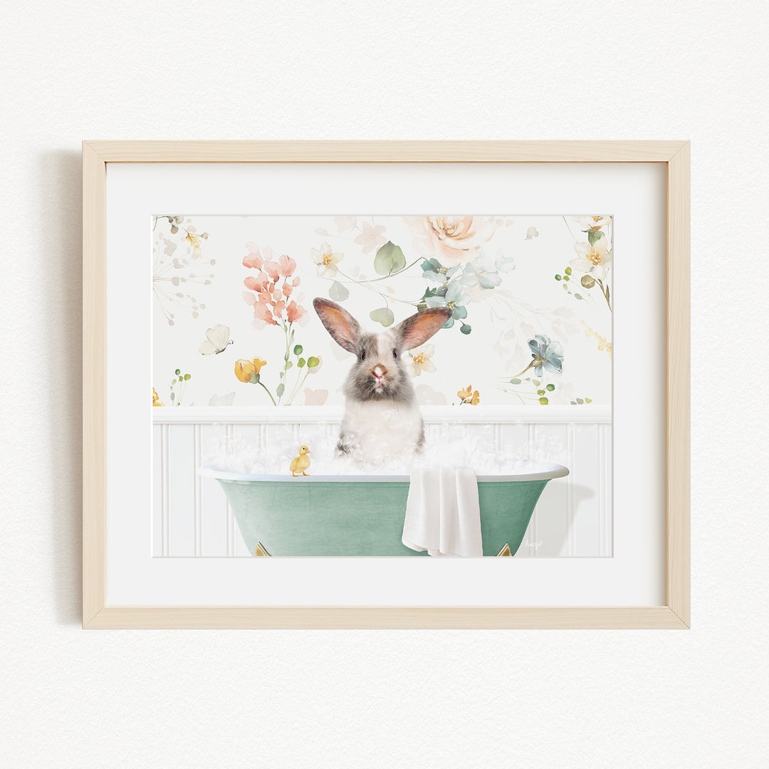 A cute rabbit sitting in a green bathtub filled with bubbles, surrounded by a floral background.