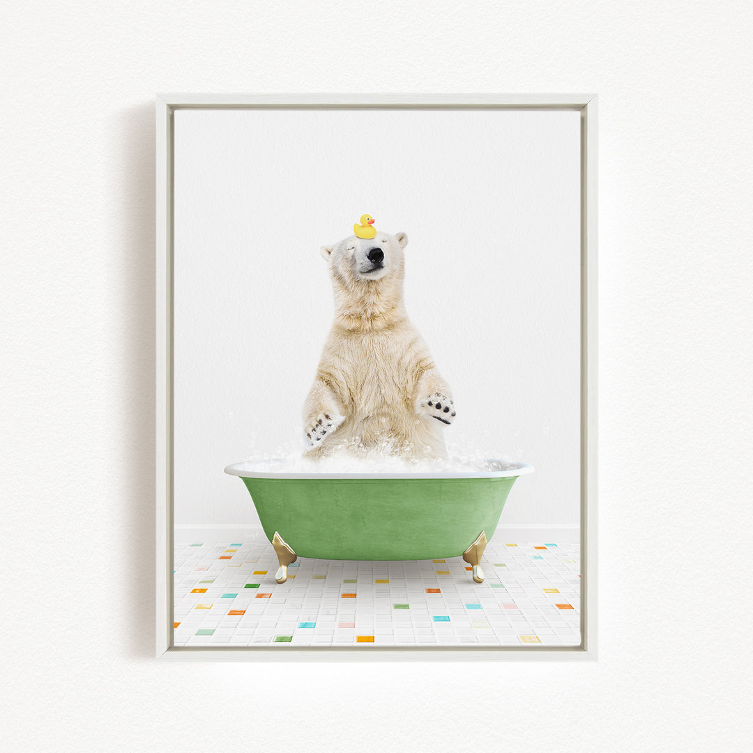 A polar bear standing in a green bathtub filled with bubbles, with a rubber duck floating on its head.