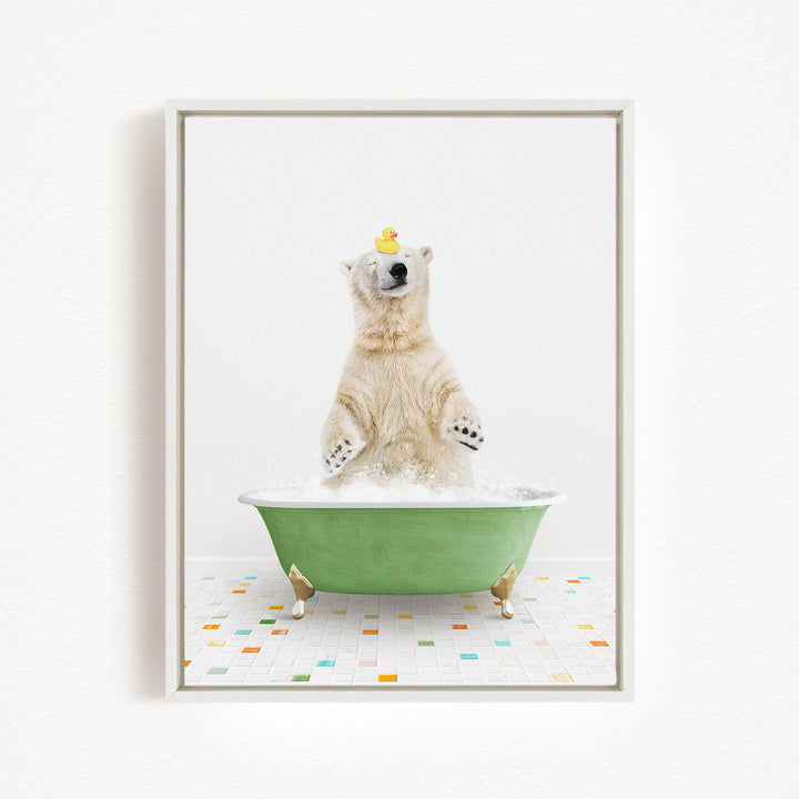 A polar bear standing in a green bathtub filled with bubbles, with a rubber duck floating on its head.