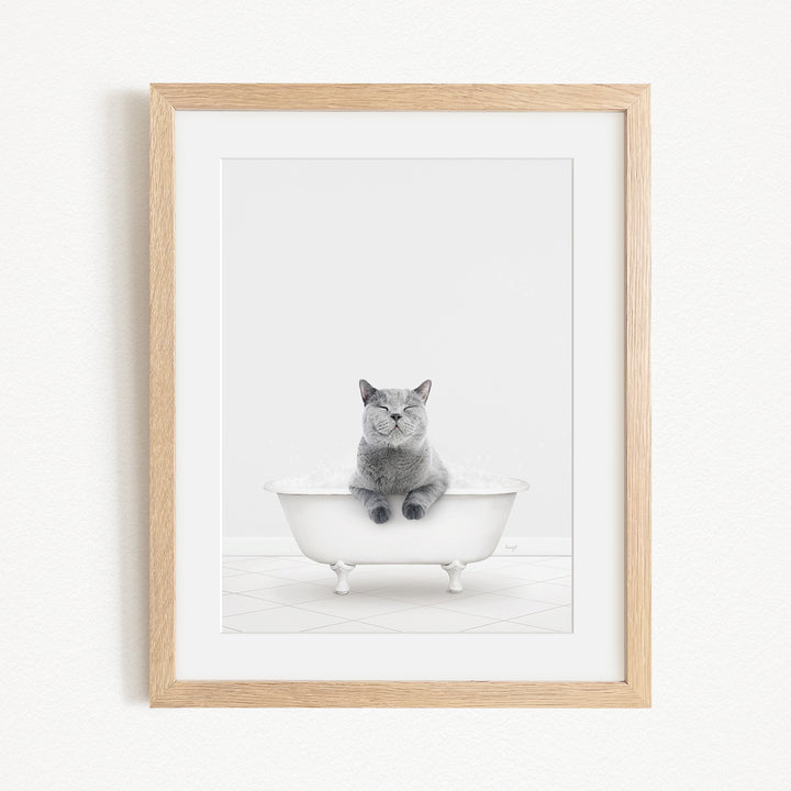 A gray cat sitting in a white bathtub, with its eyes closed and appearing to be enjoying the bath.
