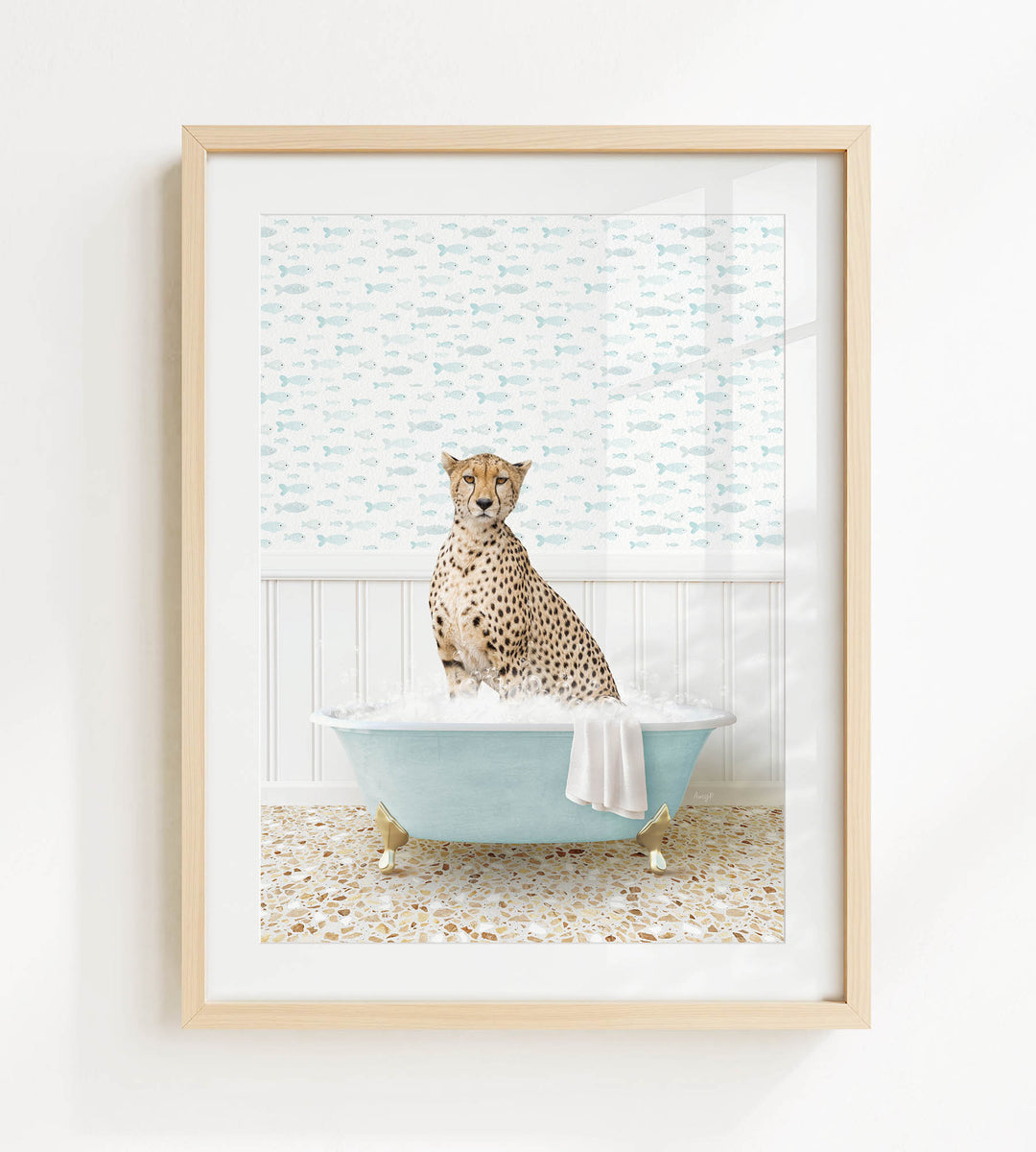 A cheetah sitting in a blue bathtub filled with water, surrounded by a patterned wall.
