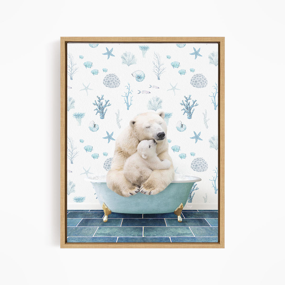 A polar bear is sitting in a bathtub filled with water, surrounded by a blue and white ocean-themed wallpaper.