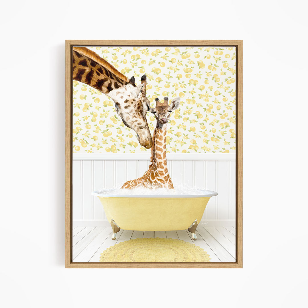 A giraffe and a baby giraffe are sitting in a yellow bathtub, with the baby giraffe being held by the adult giraffe.