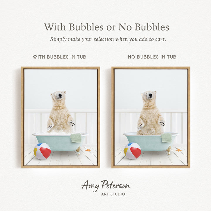The image is a collage of two pictures featuring a polar bear sitting in a bathtub, with one picture having bubbles and the other not. The text above the images reads "With Bubbles or No Bubbles Simply make your selection when you add to cart."