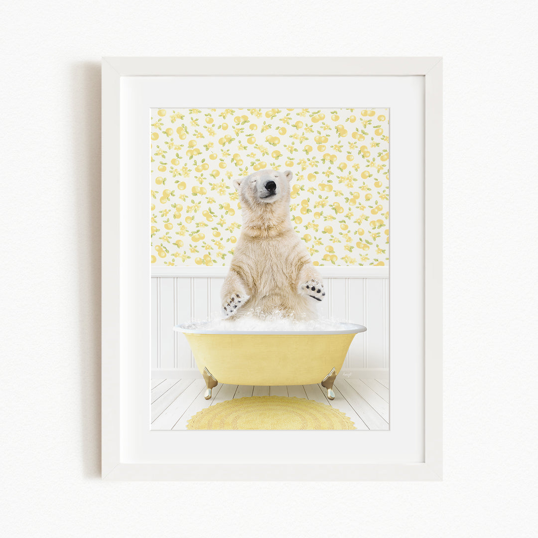 A polar bear sitting in a yellow bathtub filled with bubbles, surrounded by a yellow floral patterned wall.