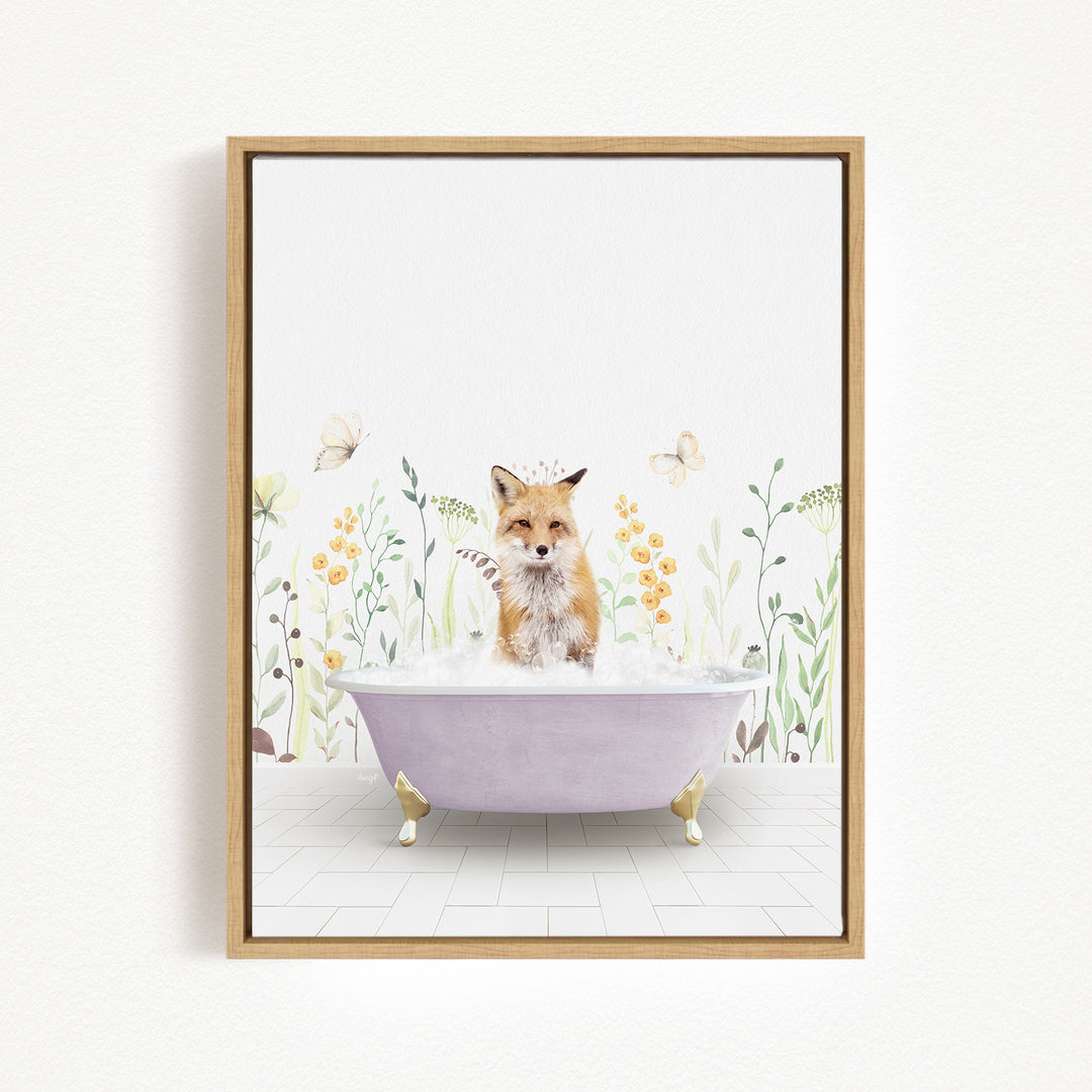 A fox is sitting in a bathtub filled with water, surrounded by flowers and butterflies.