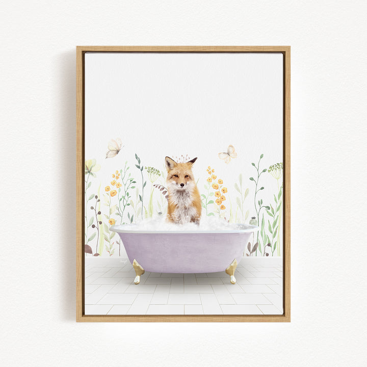 A fox is sitting in a bathtub filled with water, surrounded by flowers and butterflies.