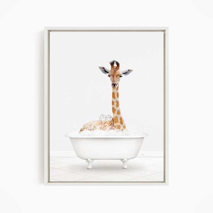 A giraffe sitting in a white bathtub filled with water.