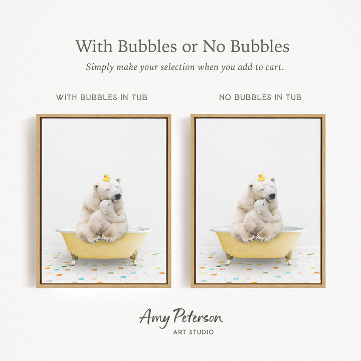 The image is a collage of two pictures, each featuring a polar bear and a baby bear sitting in a bathtub. The polar bear is sitting on the left side of the bathtub, while the baby bear is sitting on the right side. The polar bear has a yellow rubber duck on its head, and the baby bear has a yellow rubber duck on its head as well. The image does not contain any text, and the polar bear and baby bear are the main subjects.