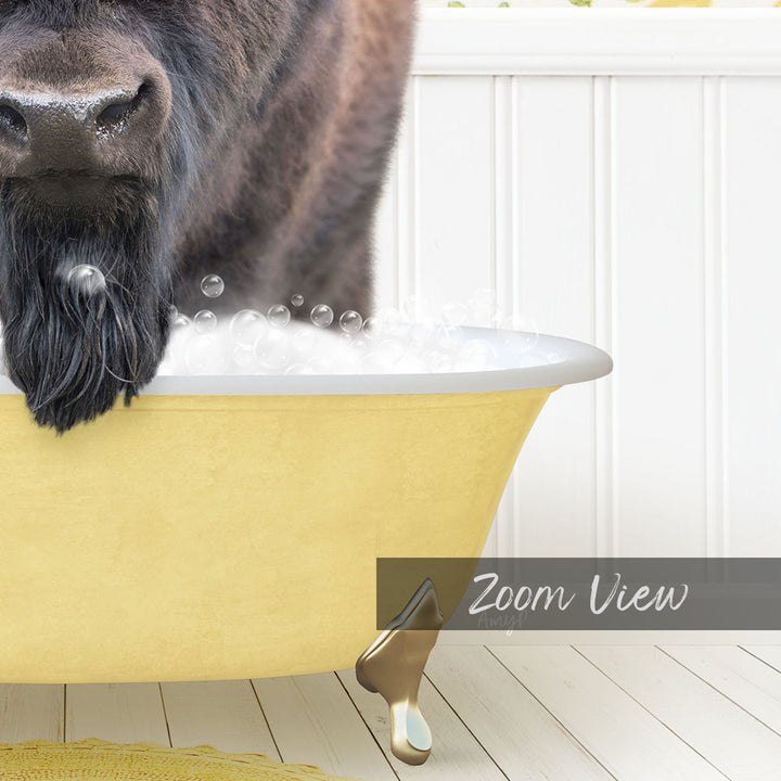 A close-up of a dog's face peeking over the edge of a yellow bathtub filled with bubbles, with a wooden fence and a yellow rug in the background.