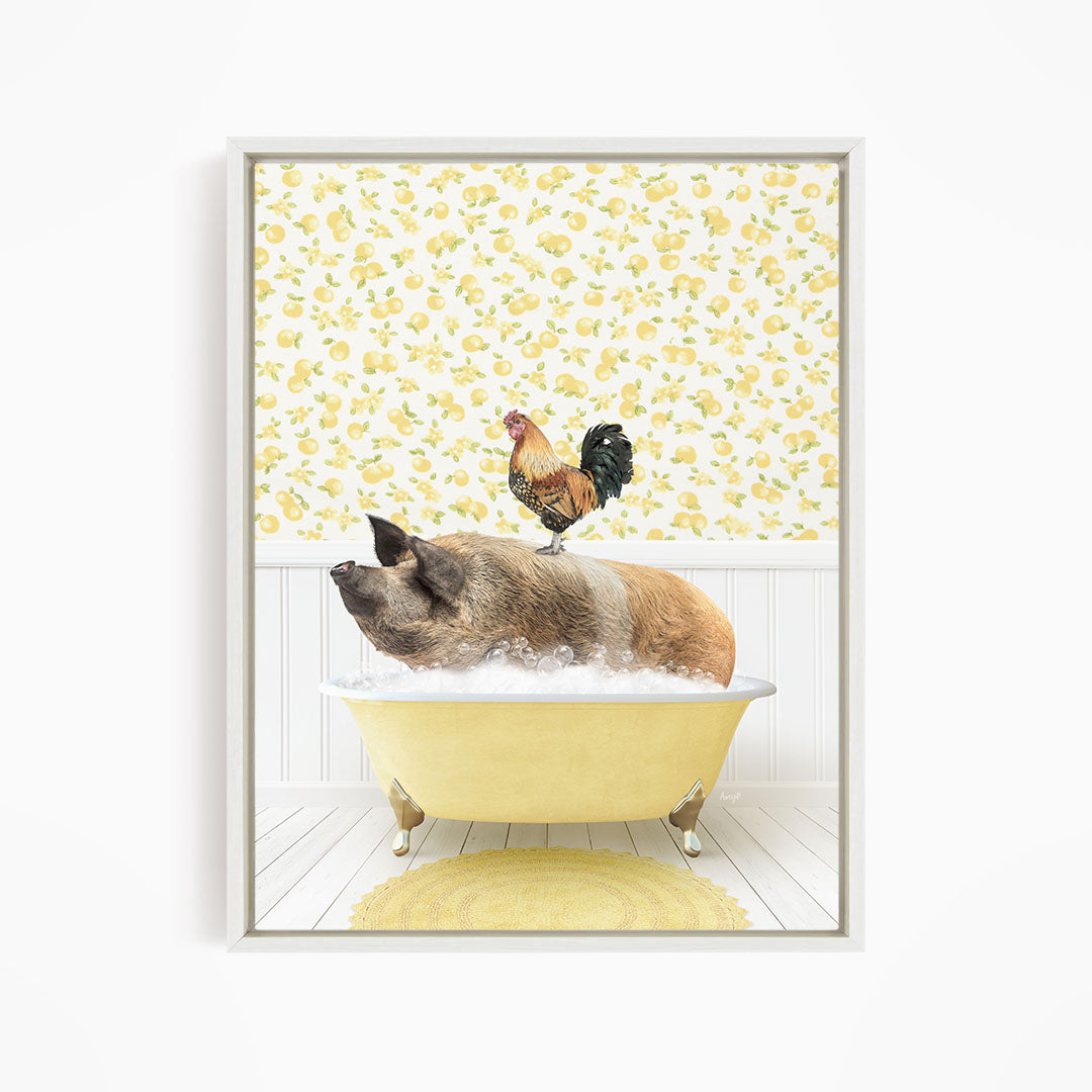 A rooster sits atop a pig lying in a yellow bathtub, surrounded by a yellow and white floral patterned wall.