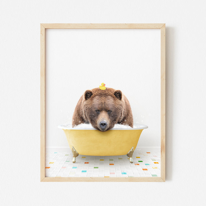 a bear in a bathtub with a rubber duck on its head