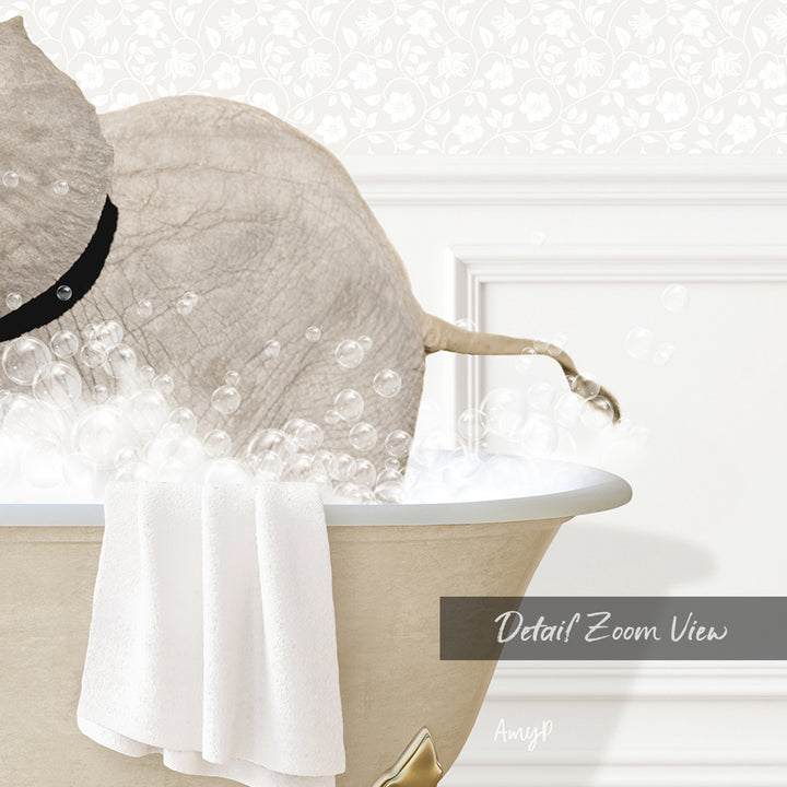 A white elephant is sitting in a bathtub filled with bubbles, with a towel hanging on the side.