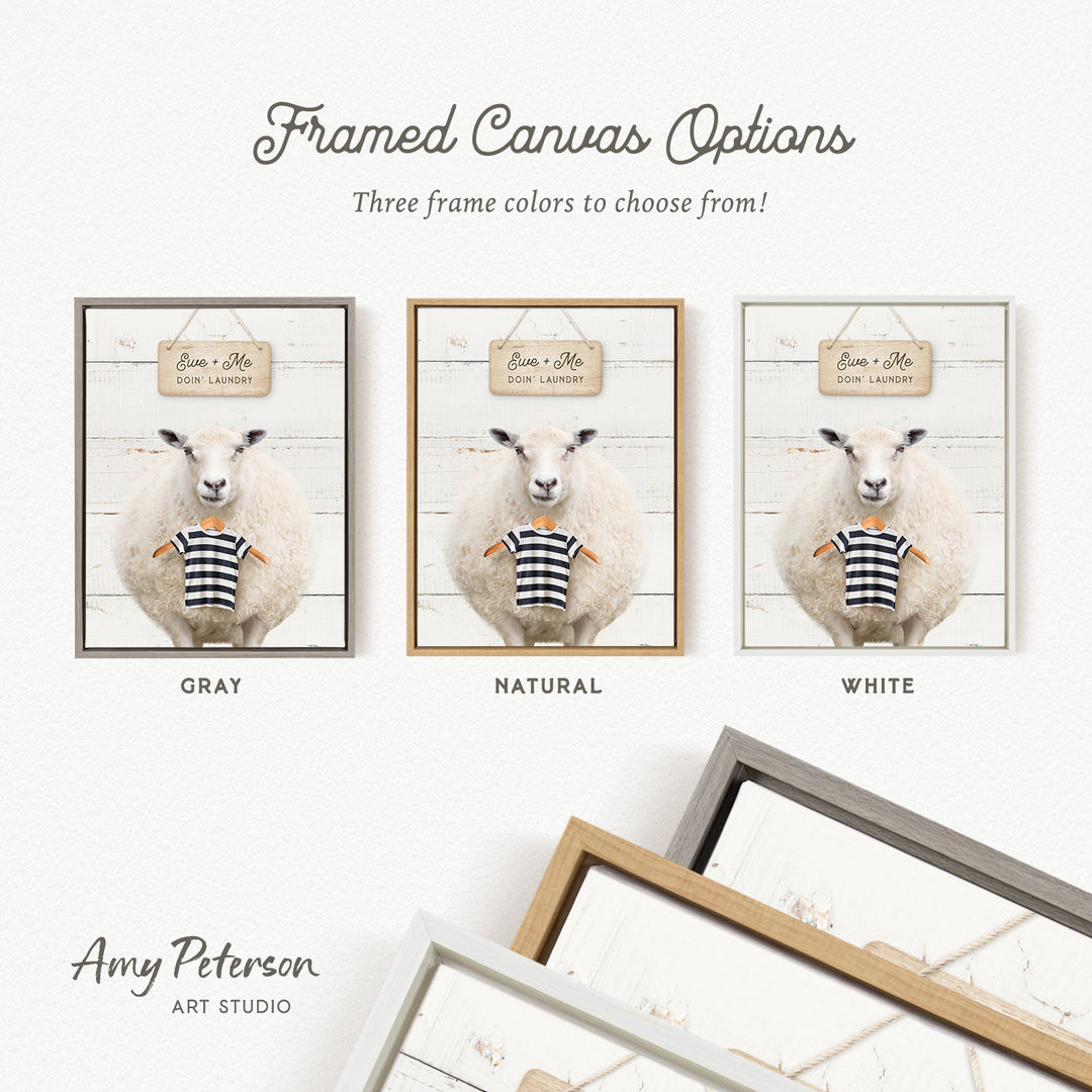 three framed canvas options featuring a sheep wearing a striped shirt. The options include a gray, a natural, and a white frame.