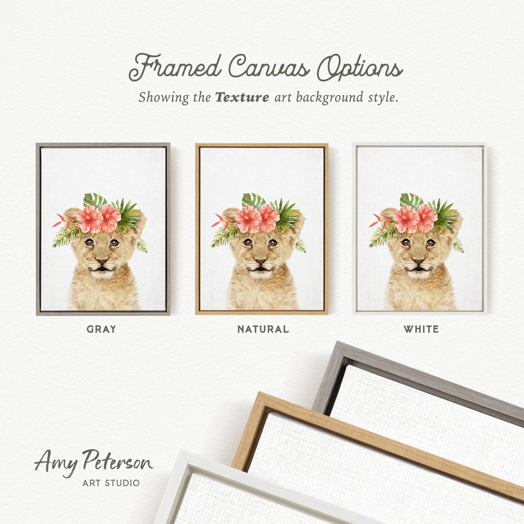 three framed canvas options, each featuring a young lion with a floral headpiece. The options are labeled as "GREY", "NATURAL", and "WHITE".