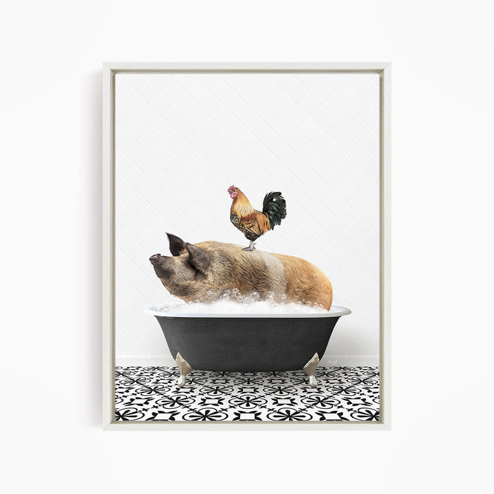 A rooster sits atop a pig in a bathtub filled with water, creating a whimsical and humorous scene.