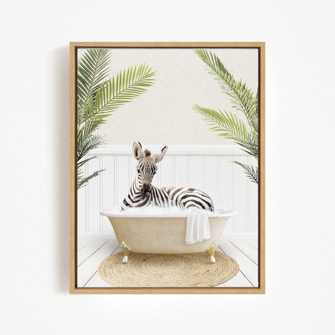 A zebra is sitting in a bathtub filled with water, surrounded by palm leaves, creating a whimsical and playful scene.