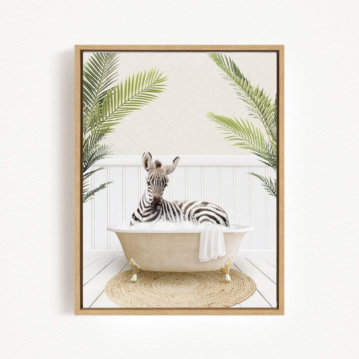 A zebra is sitting in a bathtub filled with water, surrounded by palm leaves, creating a whimsical and playful scene.