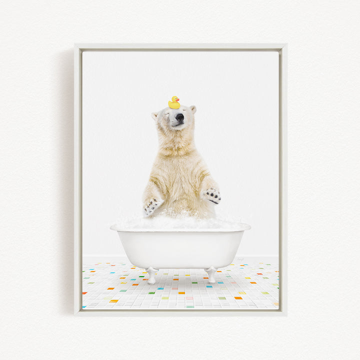 A polar bear standing in a white bathtub, with a rubber duck perched on its head.