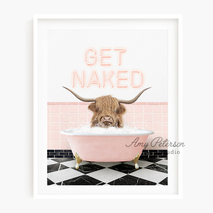 a picture of a bull in a bathtub with the words get naked above it