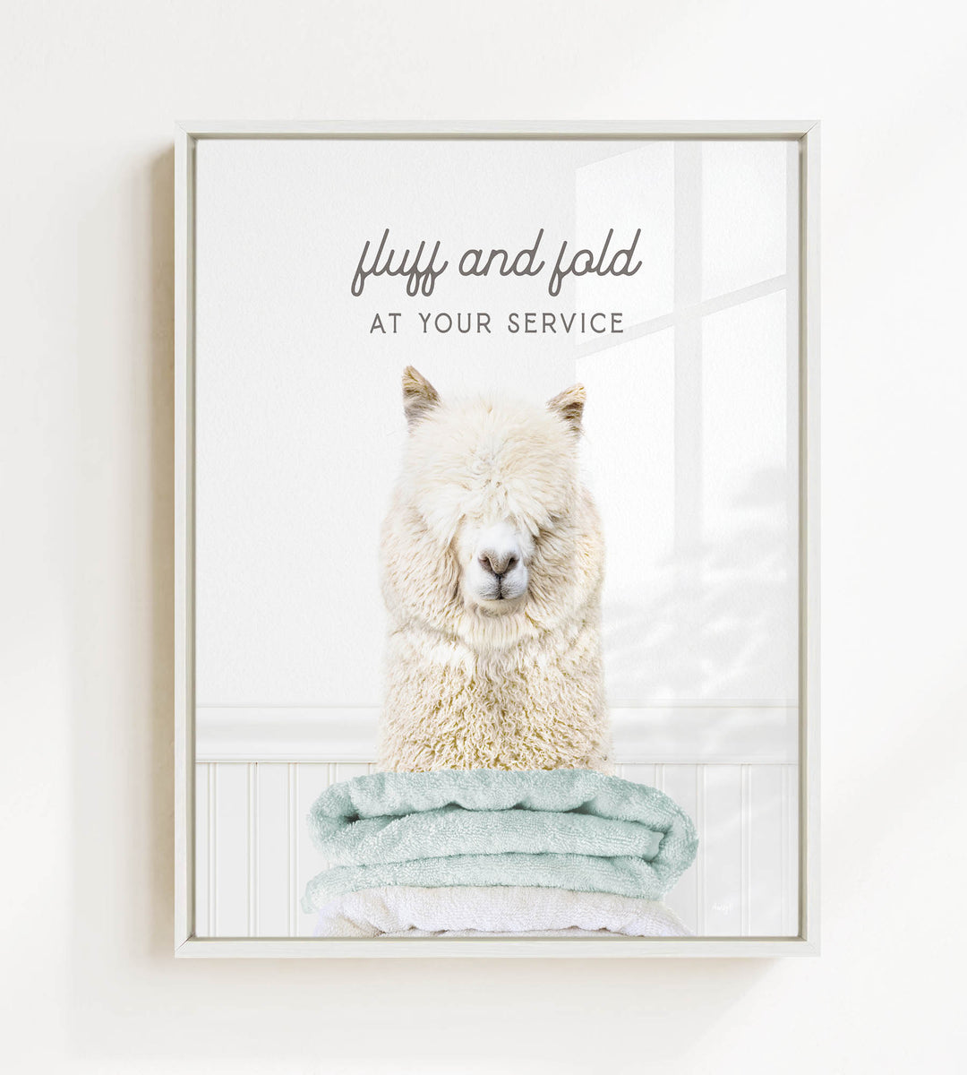 A fluffy white alpaca sitting on a stack of light blue towels, with the text "fluff and fold at your service" written above the image.