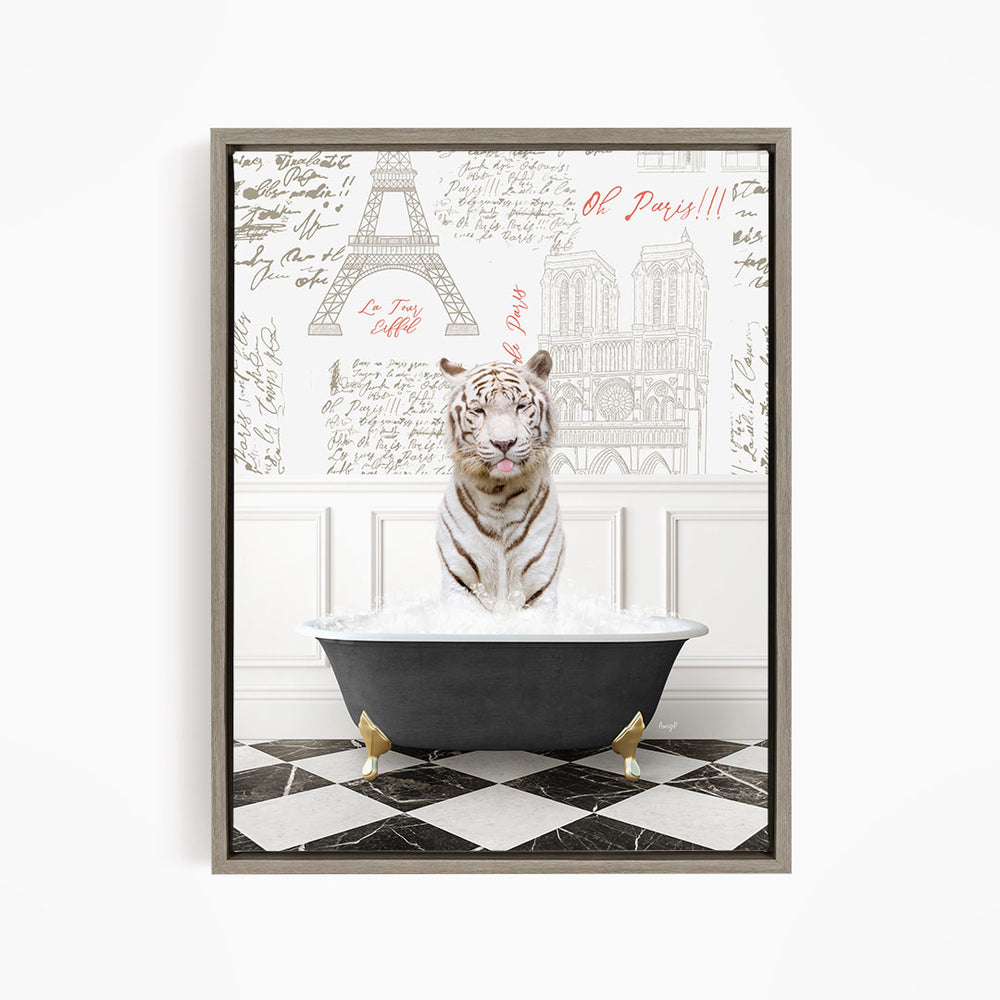 A white tiger is sitting in a bathtub filled with water, surrounded by a Paris-themed background with the Eiffel Tower and other landmarks.