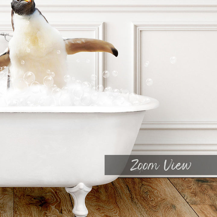 A penguin standing in a bathtub filled with bubbles, with the text "Zoom View" below the image.