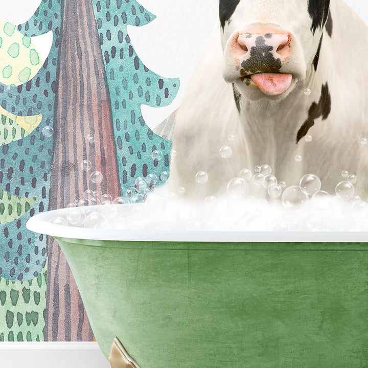 a cow is taking a bath in a green bowl