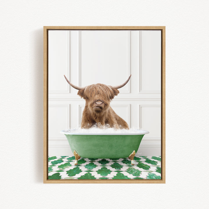 A Highland cow with long horns is sitting in a green bathtub filled with water, creating a whimsical and amusing scene.