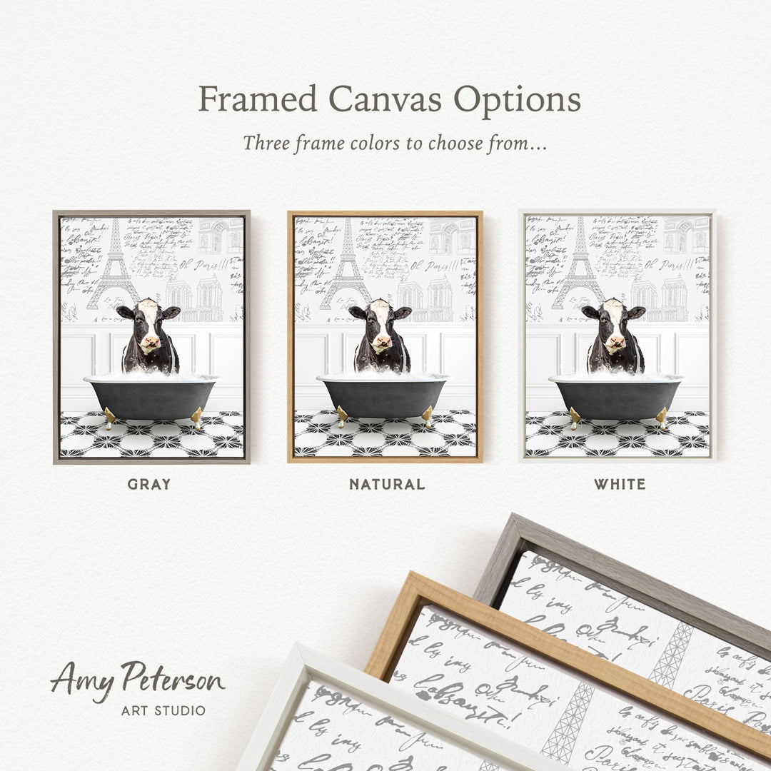 The image is a framed canvas option featuring three different framed pictures of a cow in a bathtub, each with a different frame color: gray, natural, and white.