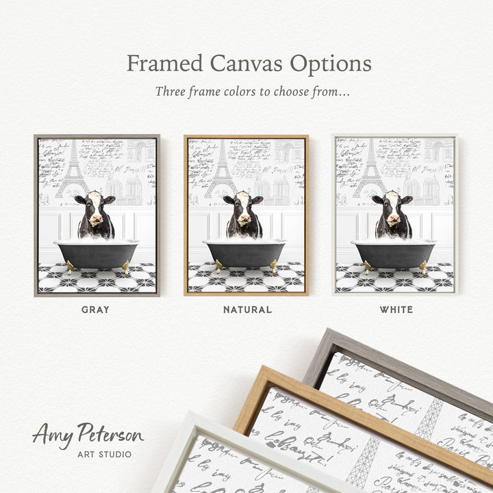 The image is a framed canvas option featuring three different framed pictures of a cow in a bathtub, each with a different frame color: gray, natural, and white.
