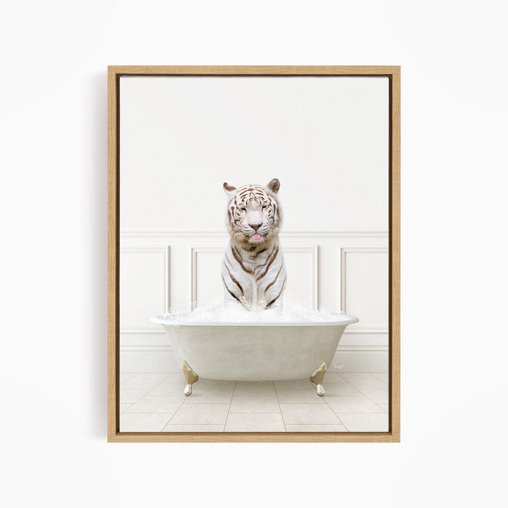 A white tiger is sitting in a white bathtub filled with water, with its mouth open and appearing to be enjoying the bath.