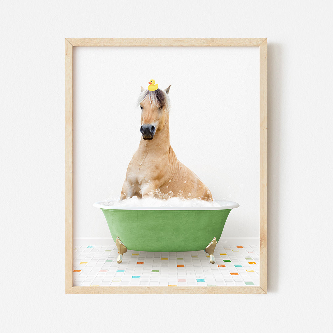 a brown horse sitting in a green bath tub