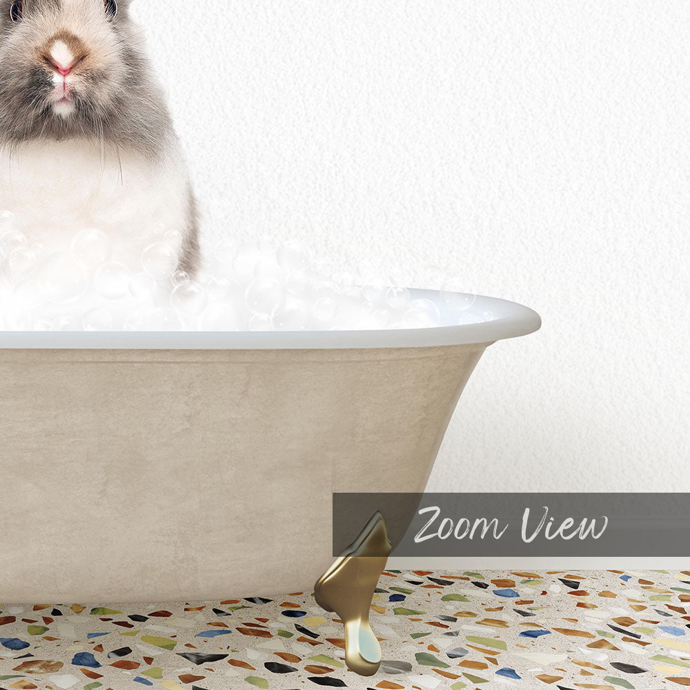 A fluffy gray and white rabbit sitting in a bathtub filled with bubbles, with a text overlay that reads "Zoom View".