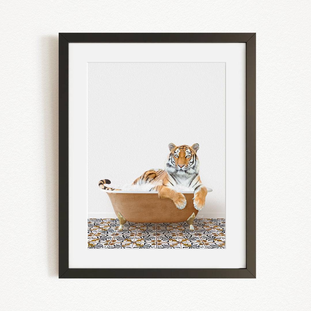 A tiger is sitting in a bathtub filled with water, surrounded by a patterned tile floor.