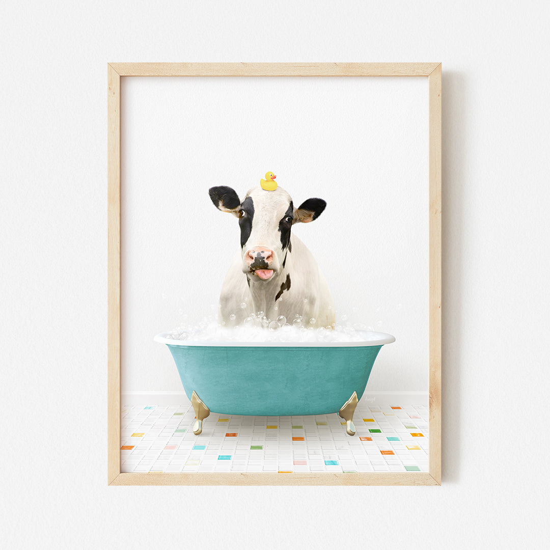 a cow in a bathtub with a rubber duck in it's mouth