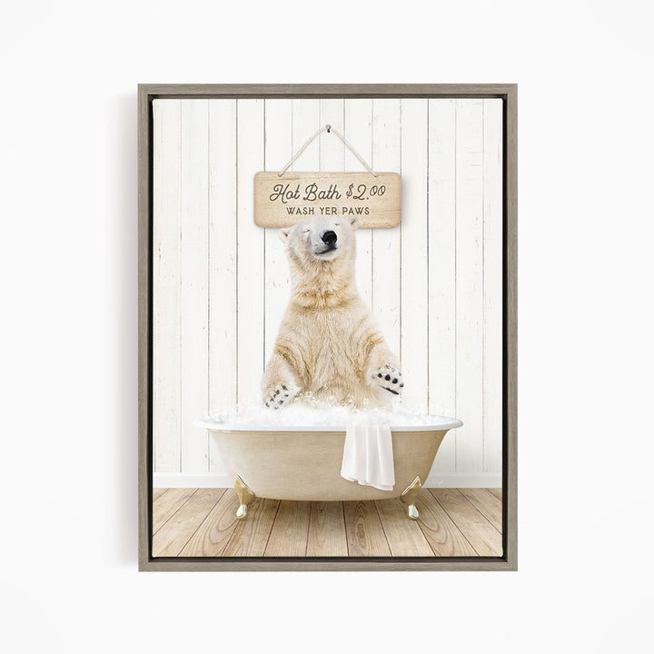 A polar bear sitting in a bathtub, with a sign above it that says "Hot Bath $2.00 WASH YOUR Paws".