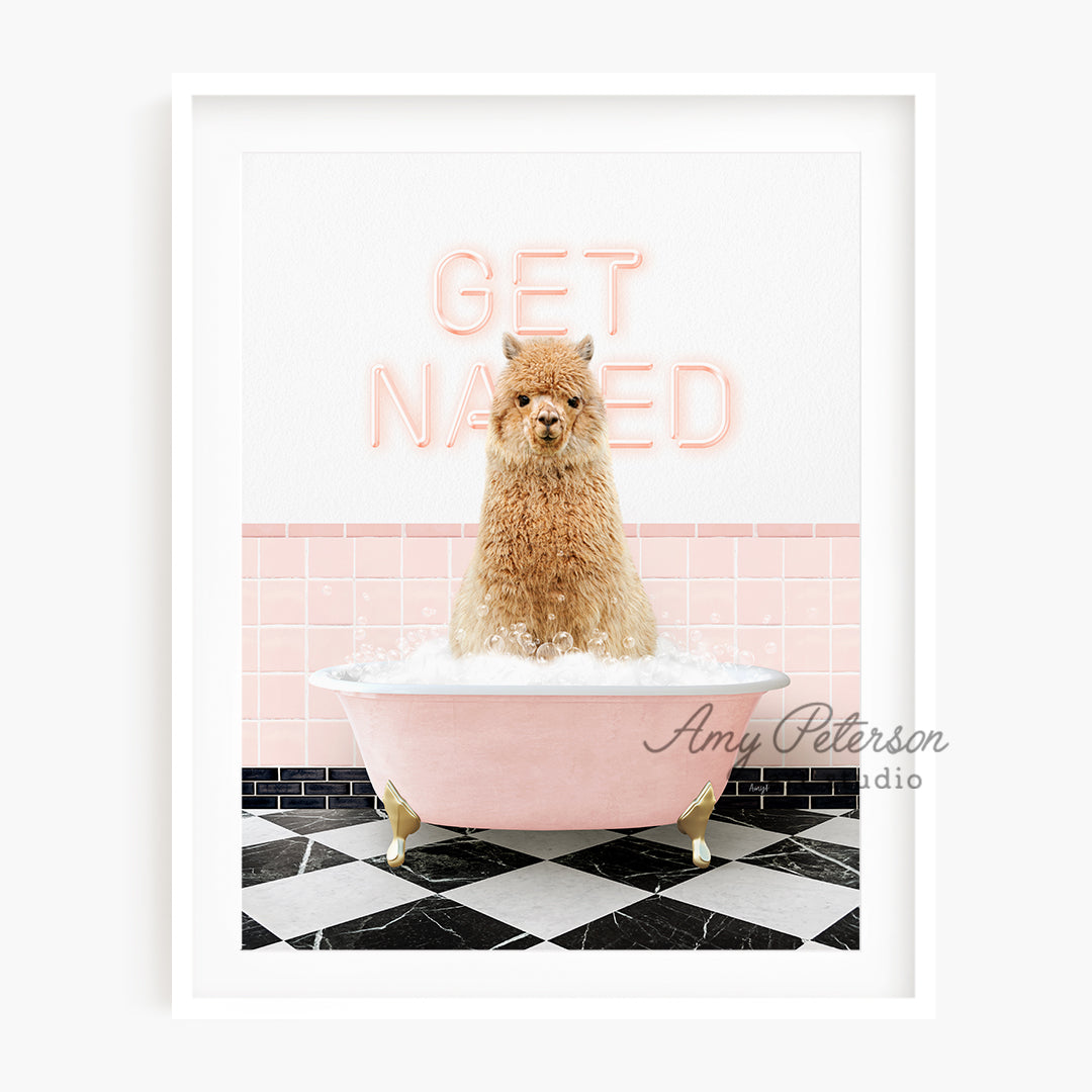 a dog sitting in a pink bathtub with a neon sign in the background