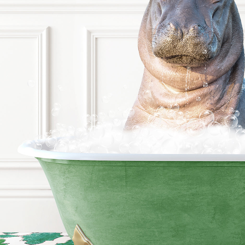 a hippopotamus in a green bathtub with bubbles