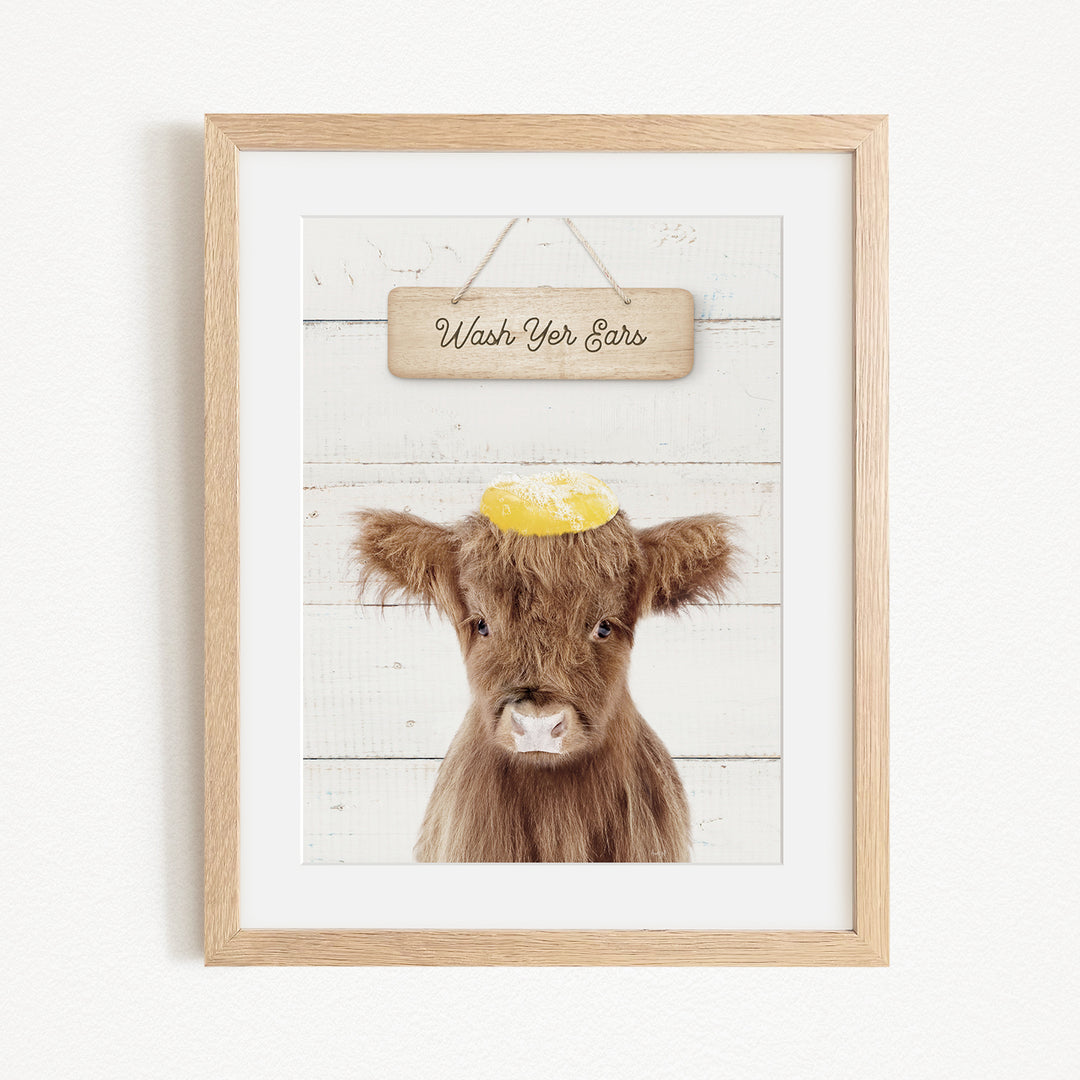 A framed image of a brown cow with a yellow hat on its head, set against a white wooden background with a sign that reads "Wash Your Ears".