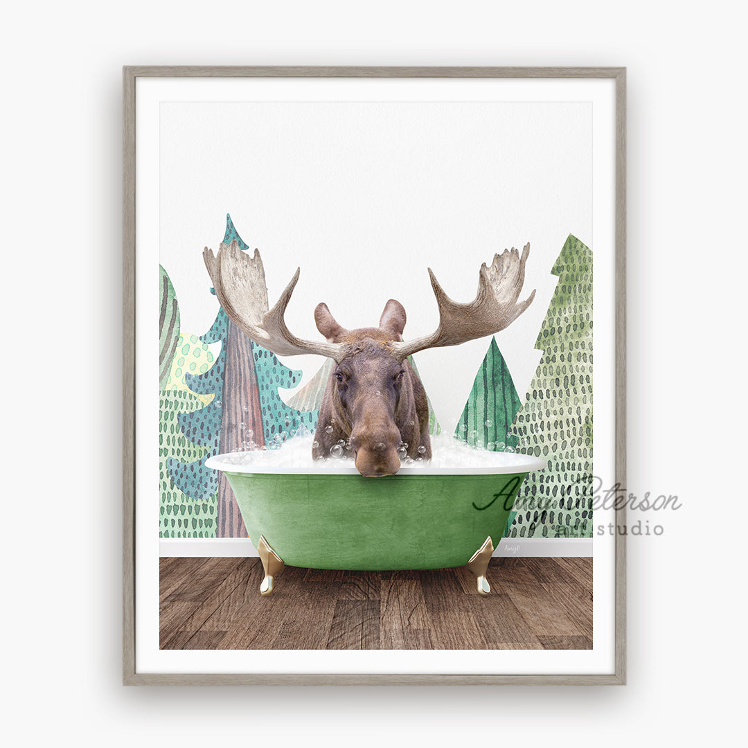 a moose is taking a bath in a green tub