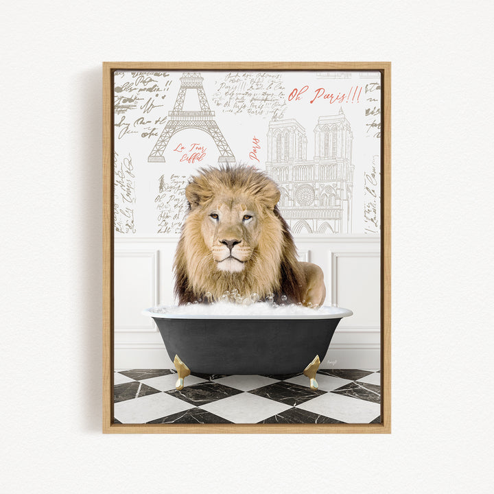 A lion is sitting in a bathtub filled with water, surrounded by a checkered floor and a wall with the Eiffel Tower and other Parisian landmarks.