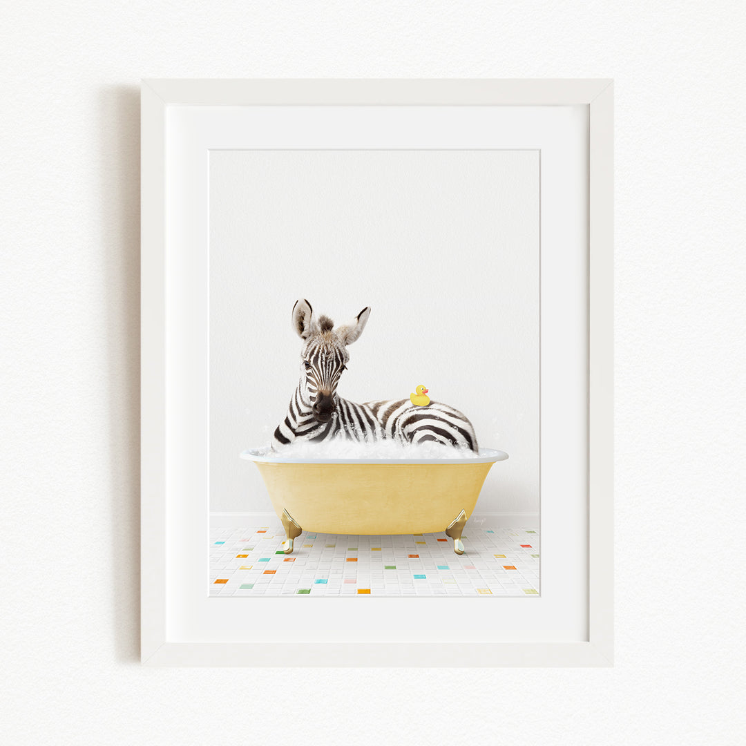A zebra is sitting in a yellow bathtub, with a yellow rubber duck resting on its back.