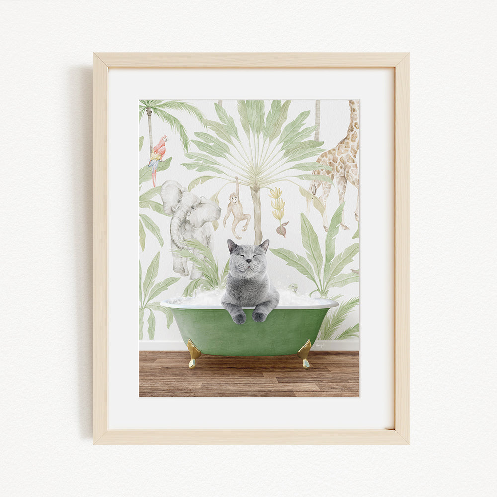 A framed illustration depicting a gray cat sitting in a green bathtub, surrounded by a tropical jungle scene with various animals and plants.