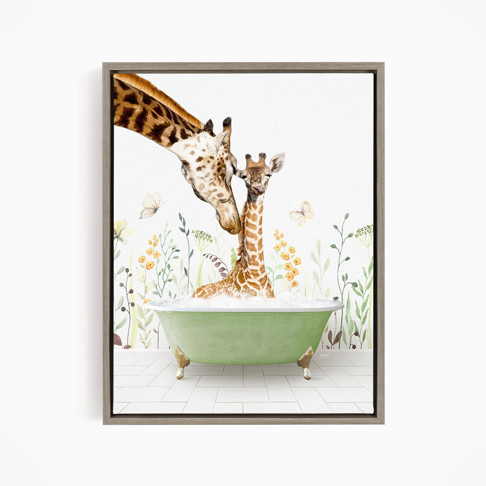 A mother giraffe and her baby giraffe are sitting together in a green bathtub, surrounded by flowers and butterflies.