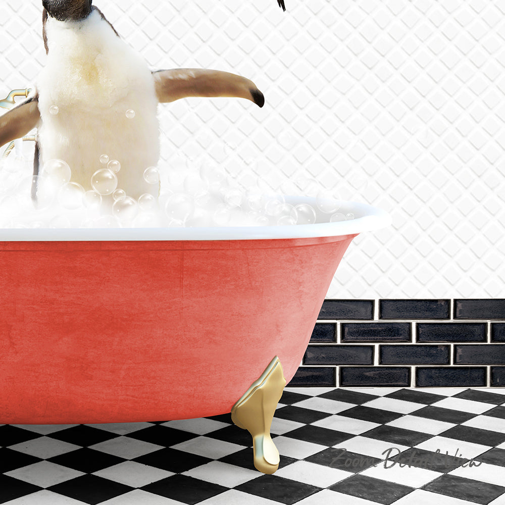 A penguin standing in a red bathtub filled with bubbles, with a black and white checkered floor and a brick wall in the background.